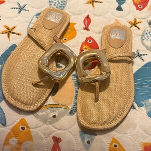 DV by Dolce Vita Beige Sandals with Metallic Gold Buckle